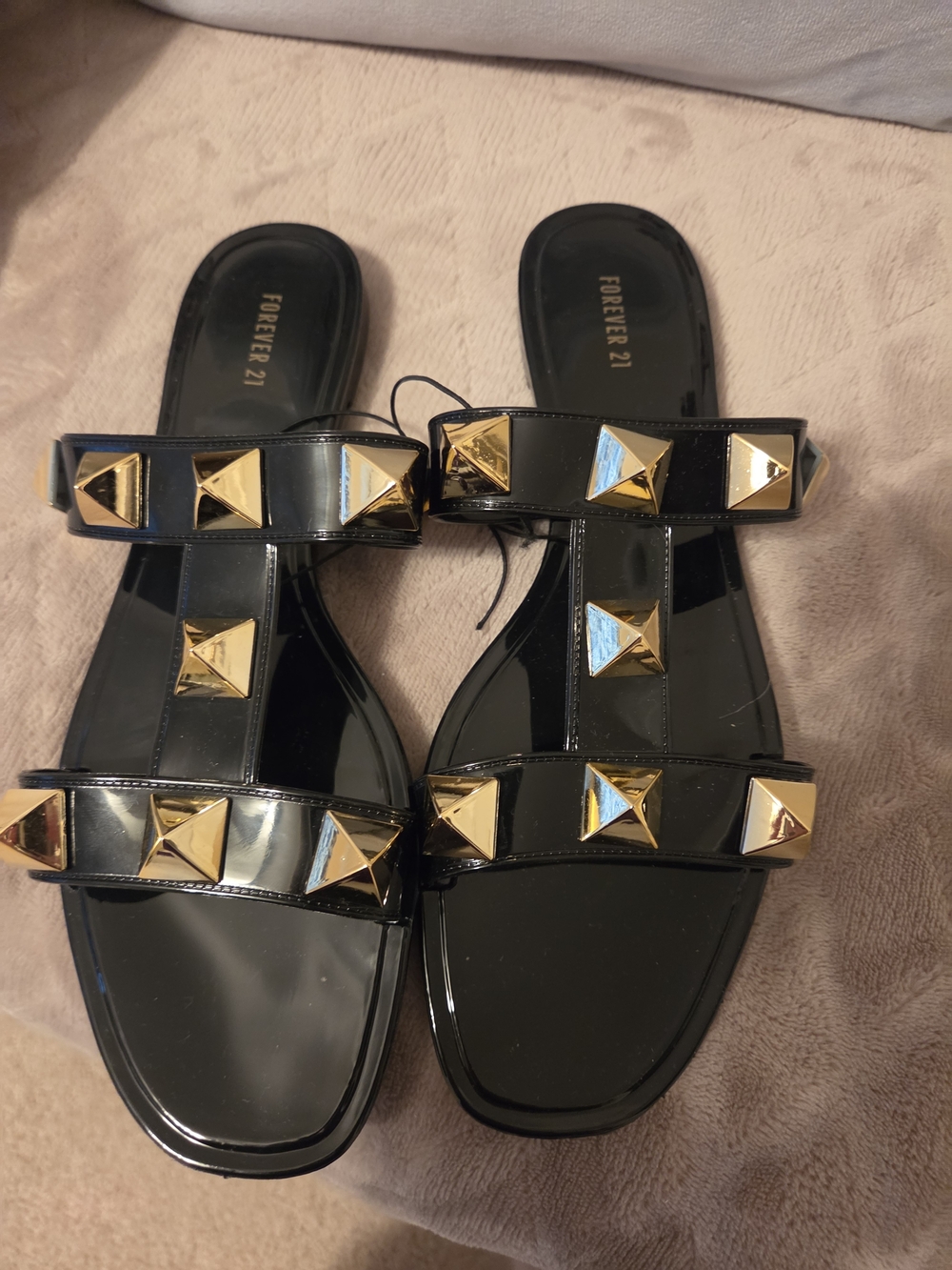 Forever 21 Black Slide Sandals with Gold Pyramid Studs